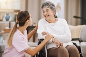 Healthcare, support and caregiver with senior woman for medical help, elderly care and consulting p